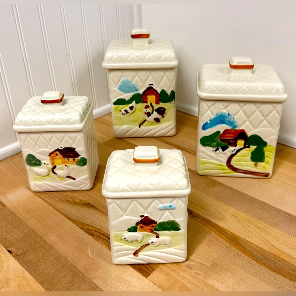 Vintage Otagiri “Geese Barn” Quilted Farm Canisters/Containers